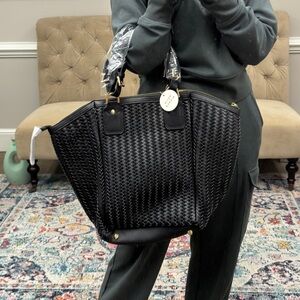 Large woven vegan leather zipper top tote bag | fits laptop